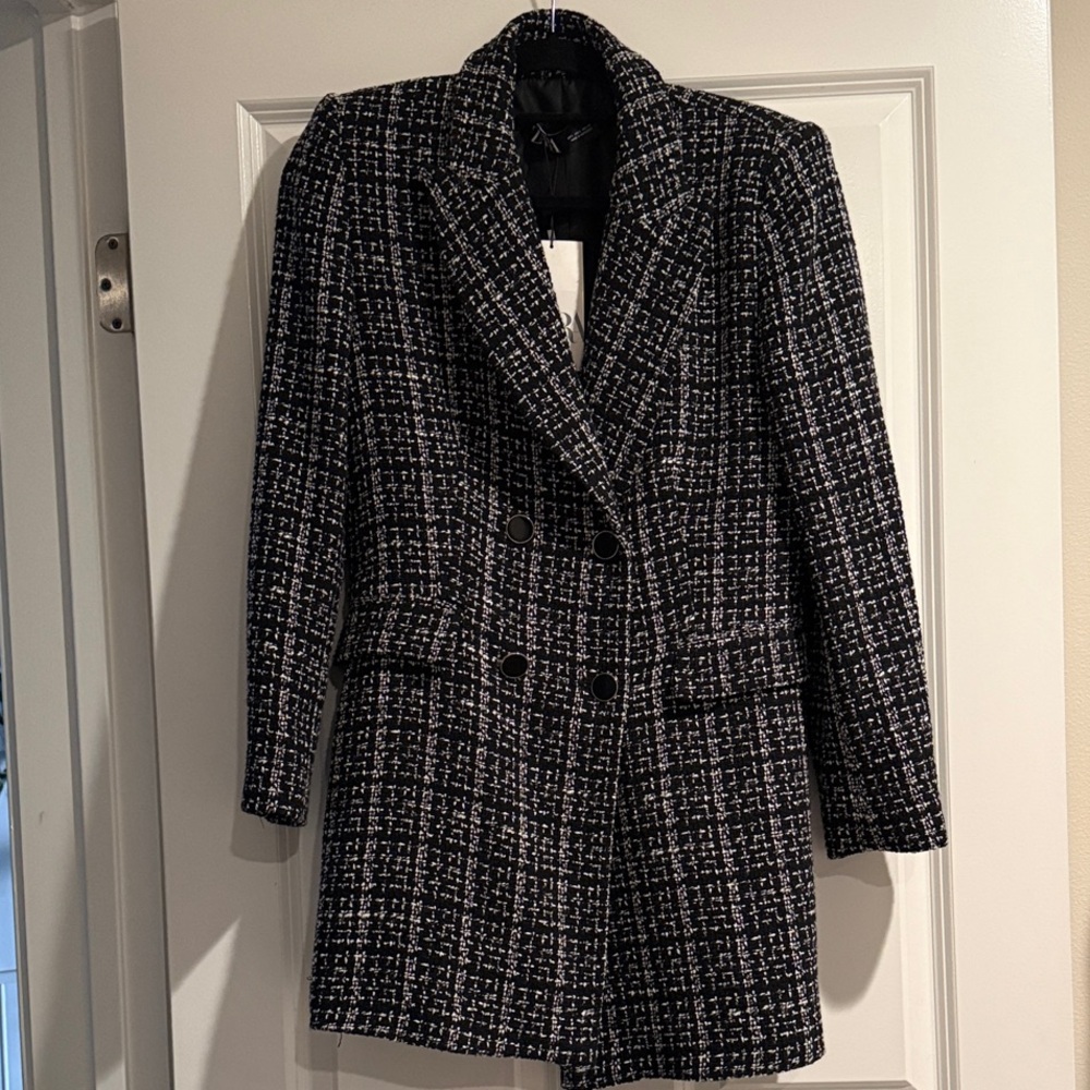 Zara Women's Black and White Tweed Coat